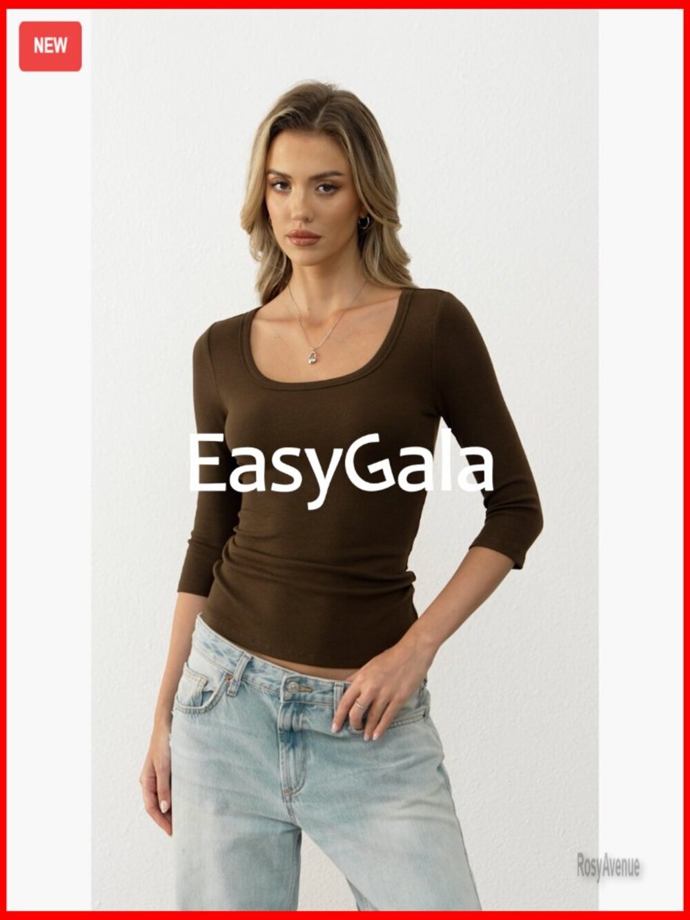Cotton Ribbed 3/4 Sleeve Scoop Neck Slim Fit T-Shirt Y2K Style - Picture 7 of 7